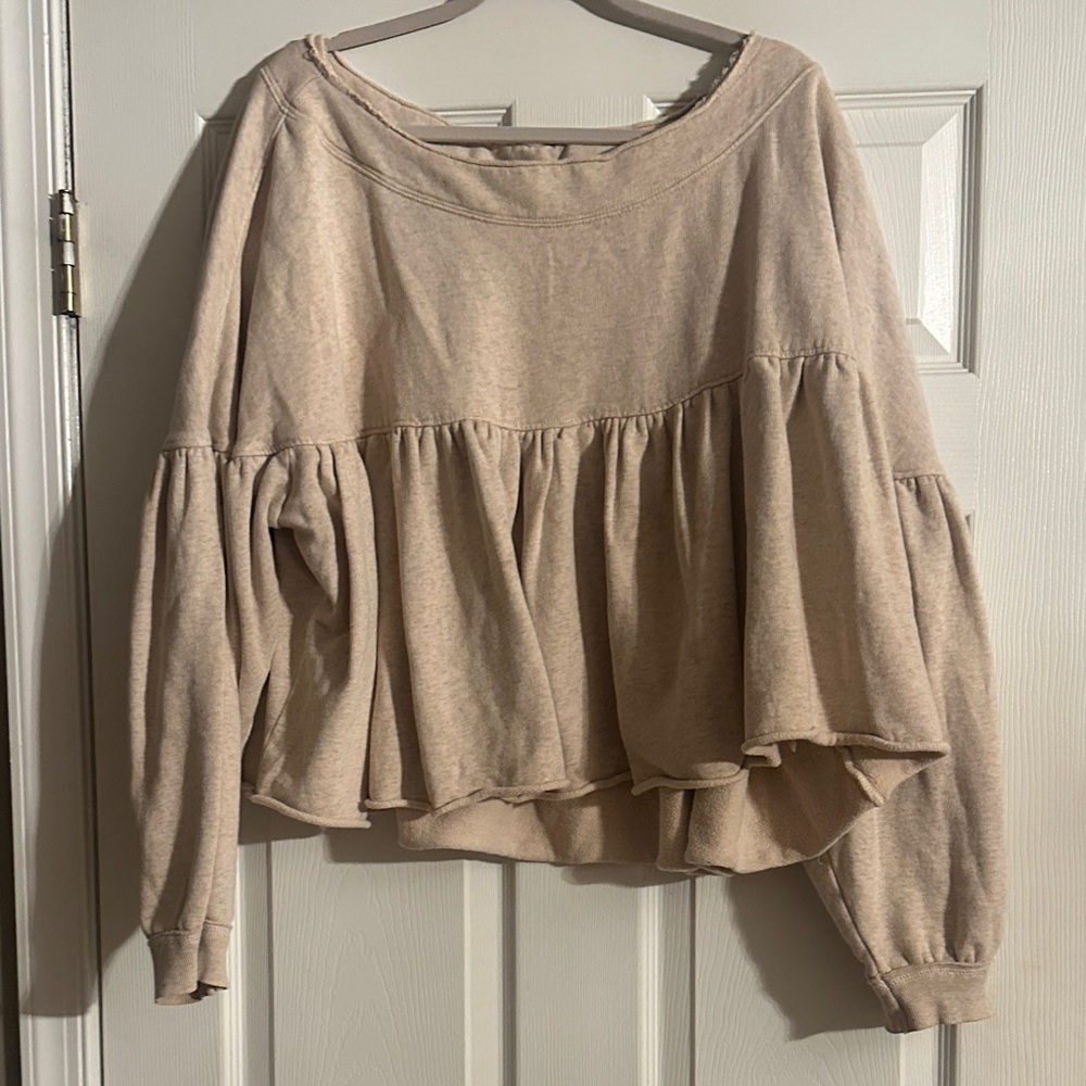 Free People Cream Peplum Pullover Sweatshirt